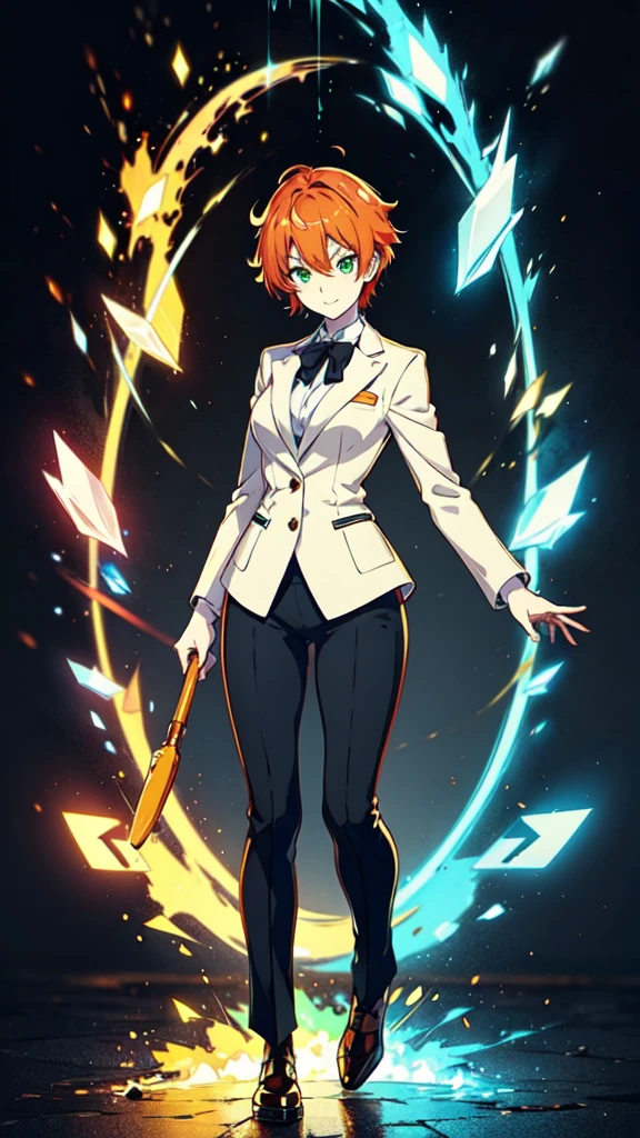 sexy, white skin, anime woman, happy, glowing green eyes, extremely short glowing orange hair, wearing a suit, full body