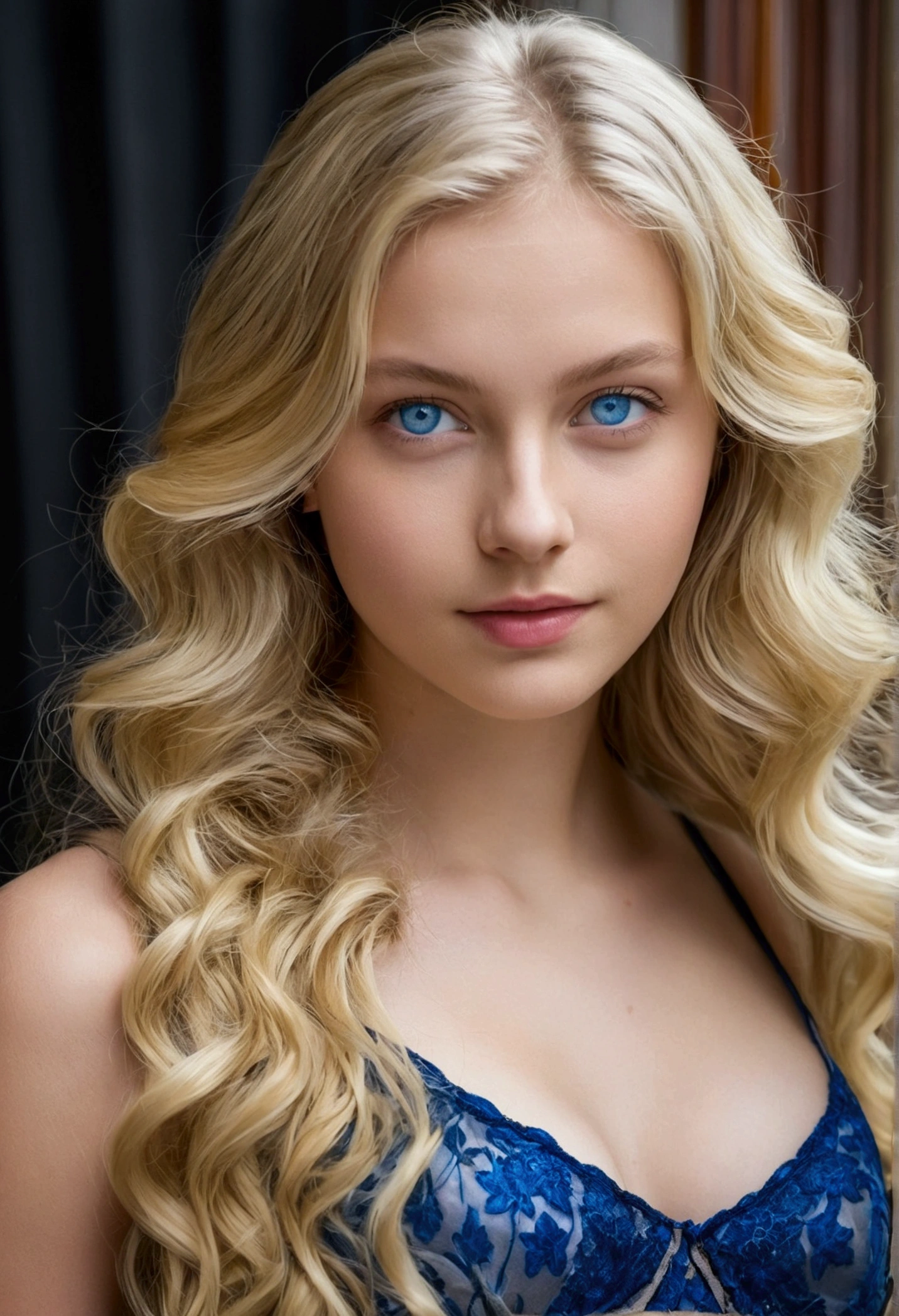 Young woman of 20 years old, Fairly long wavy blond hair with blue eyes and normal breast size