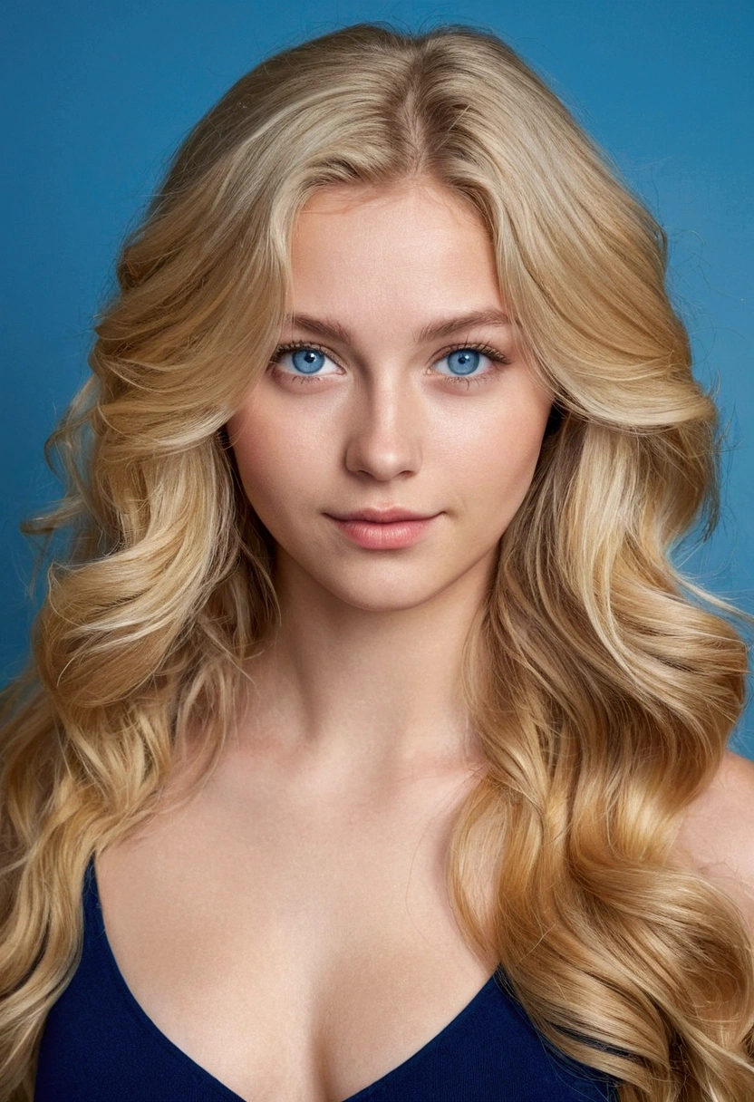 Young woman of 20 years old, Fairly long wavy blond hair with blue eyes and normal breast size