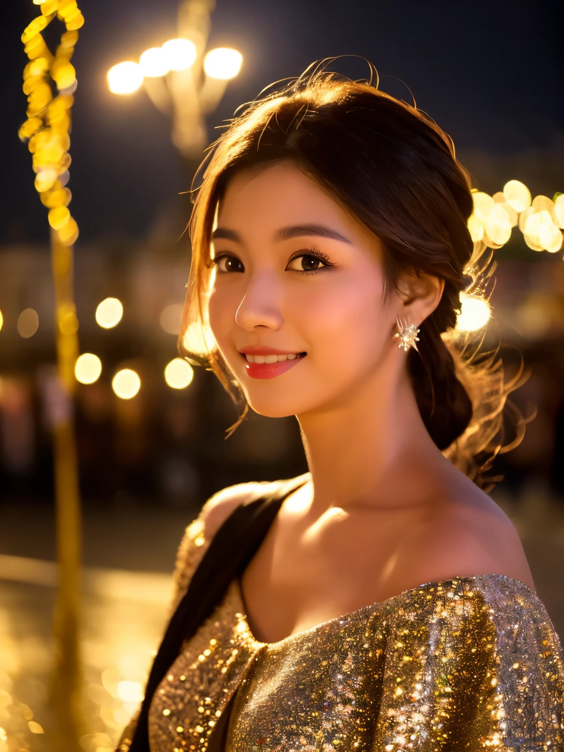 8k, (RAW Photos:1.2), (Photorealistic), Beautiful details, famous popular actress、 (Genuine: 1.4), Very detailed目と顔, Beautiful and fine details, ((Glittering night illuminations at the square:1.2)), ((Women&#39;s Suits:1.3, Ultra-realistic pantyhose:1.2))、Selfie、Instagram、A tough challenge, Please look at the camera and raise your hand、Large file size, High resolution, Very detailed, Highest quality, [masterpiece:1.6], Awareness-raising, Very detailed, Browsing Caution, In detail, Highest quality, 8k wallpaper, Cinema Lighting, One mature woman, 36 years old, Perfect figure, Beautiful big droopy eyes、Pieck Finger, ((Tabletop)), Highest quality, eye shadow,  High heels、Portraiture、(A very loving smile:1.2)、Realistic skin texture、Glowing Skin、Exposed thighs, Low angle photo, Inverted nipples,