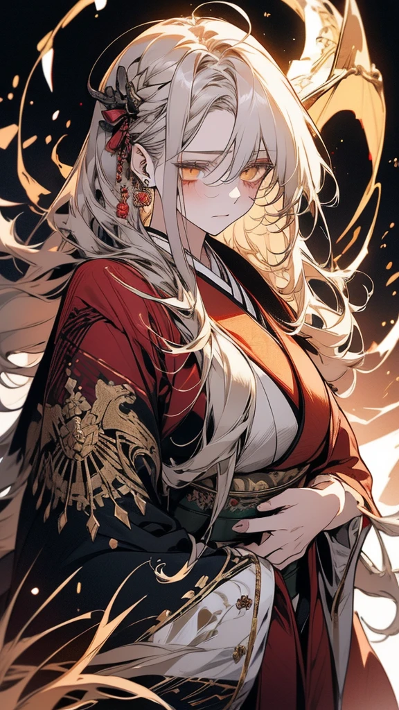 (Top resolution、Distinct_image)top-quality、A girl 、​masterpiece、highly detailed, half body, Semi-realistic、yellow eyes 、18year old, silver hair,young 、Exquisite facial features、Facial features ,variation potrait, long  hairstyles, teenage, cool , cold sharp eyes, An expression of despair., lifeless eyes, blood on face, , {Very detailed 8k CG unit wallpaper}, Handsome, solo, female, , loyalty ,Japanese kimono, detailed eyes, beautiful eyes, gorgeous body , have dragon horns 
