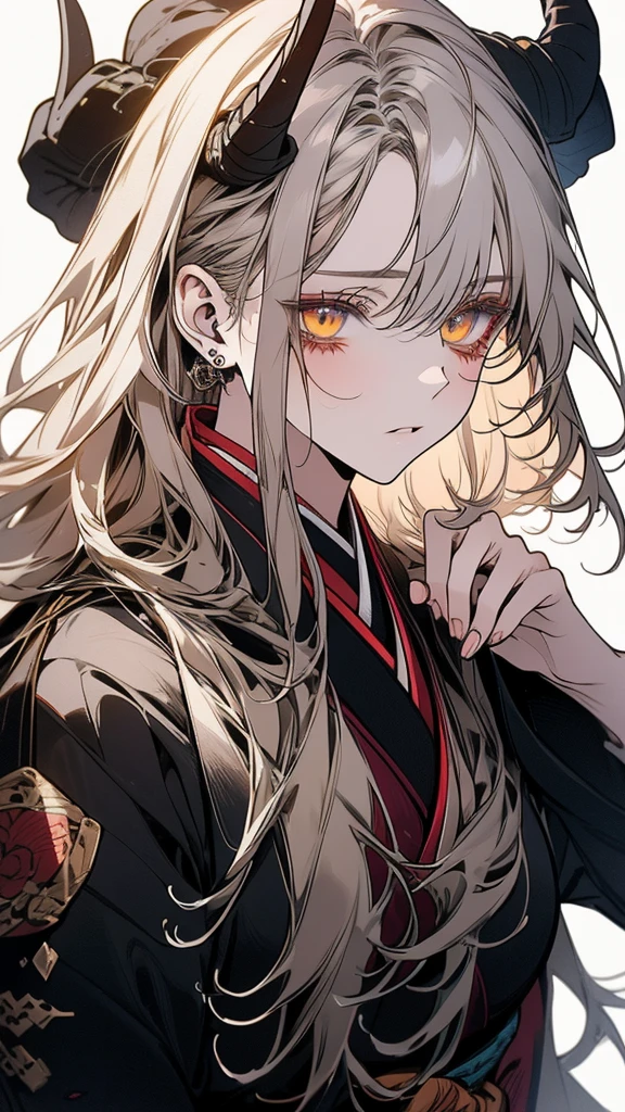 (Top resolution、Distinct_image)top-quality、A girl 、masterpiece、highly detailed, half body, Semi-realistic、yellow eyes 、18year old, silver hair,young 、Exquisite facial features、Facial features ,variation potrait, long hairstyles, age, cool , cold sharp eyes, An expression of despair., lifeless eyes, blood on face, , {Very detailed 8k CG unit wallpaper}, Handsome, solo, female, , loyalty ,Japanese kimono, detailed eyes, beautiful eyes, gorgeous body , have dragon horns