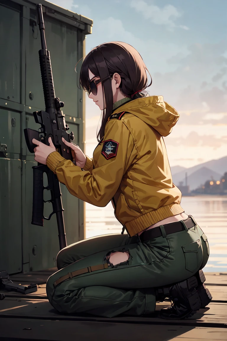 arafed woman in yellow jacket and sunglasses kneeling on a dock with a gun, with rifle, holding rifle, badass pose, with pistol, bikini + tattered military gear, shooting pose, bella poarch, military girl, holding a rifle, soldier girl, anna nikonova aka newmilky, mechanized soldier girl, ready for combat, shot from the side