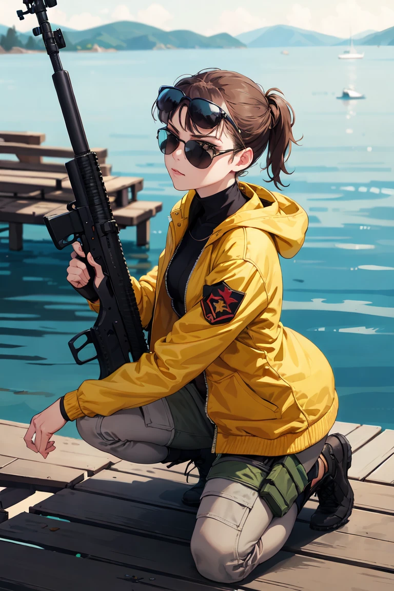 arafed woman in yellow jacket and sunglasses kneeling on a dock with a gun, with rifle, holding rifle, badass pose, with pistol, bikini + tattered military gear, shooting pose, bella poarch, military girl, holding a rifle, soldier girl, anna nikonova aka newmilky, mechanized soldier girl, ready for combat, shot from the side