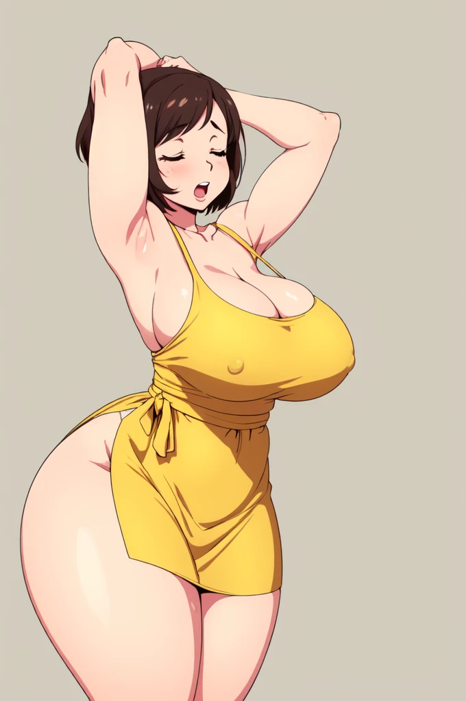 masterpiece, highest quality, High resolution, One girl, solo, sexual intercourse, Pornographic images, short hair, etsukoto, brown Eyes, fine grain, fine grain, (((Thick thighs, Plump thighs, Voluptuous thighs, Thighs alone are enough))), Huge and ample breasts, Cleavage, big long breasts, Naughty big,((big breasts are important))、((Naughty thighs)), L Cup, (thin:1.4),(Tight waist:1.4), (yellow dress:1.4), orgasm, orgasm, closed eyes,((waist apron)), white panty, (((Simple Background))), ((Wide Hips)), Shiny, Oily skin, Mature mother, Calf, Seductive mature woman, milf, Perfect body, Plus Size Model, curvy, ample, etsukoto, blush, clavicle, retro artstyle, 1990s (style), (thick thighs:1.4), ((((Bare legs)))), ((bursting breast)), firm breasts, (arms up:1.4), (from side:0.8),