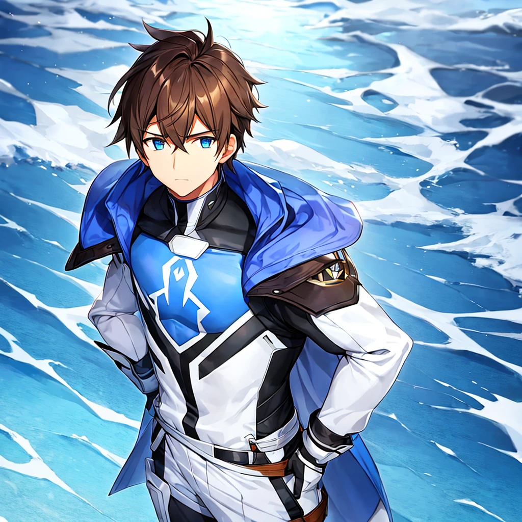 A boy with an ice suit and brown hair and a blue ribbon on his chest