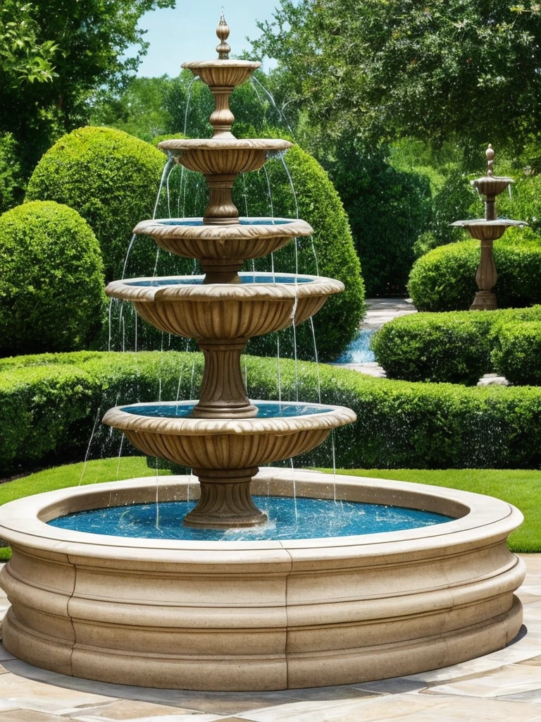 a close up of a fountain in a garden with a bench, water feature, fountain in the middle, gardens and fountains, fountain of water, fountain of youth, fountain, 3 nymphs circling a fountain, water fountain, elegant highly detailed, featuring flowing fountains, ornate and flowing, in a wild mushroom fountain, by Cherryl Fountain, draped with water and spines