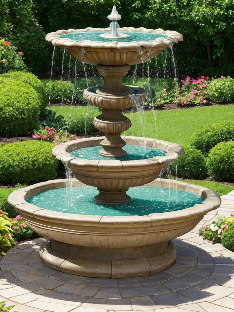 a close up of a fountain in a garden with a bench, water feature, fountain in the middle, gardens and fountains, fountain of water, fountain of youth, fountain, 3 nymphs circling a fountain, water fountain, elegant highly detailed, featuring flowing fountains, ornate and flowing, in a wild mushroom fountain, by Cherryl Fountain, draped with water and spines