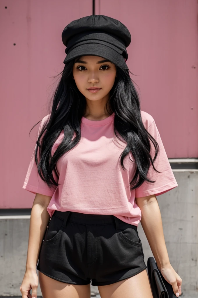 She has loose black hair with one hand on her light pink face., black and pink t-shirt, black pants with pink stripes, with a black hat and it has pink at the edge but it is hairy