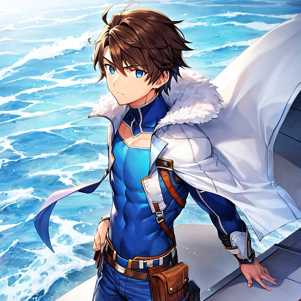 A boy with an ice suit and brown hair and a blue ribbon on his chest