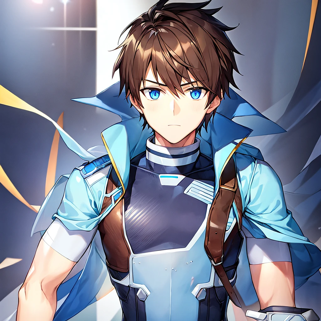 A boy with an ice suit and brown hair and a blue ribbon on his chest