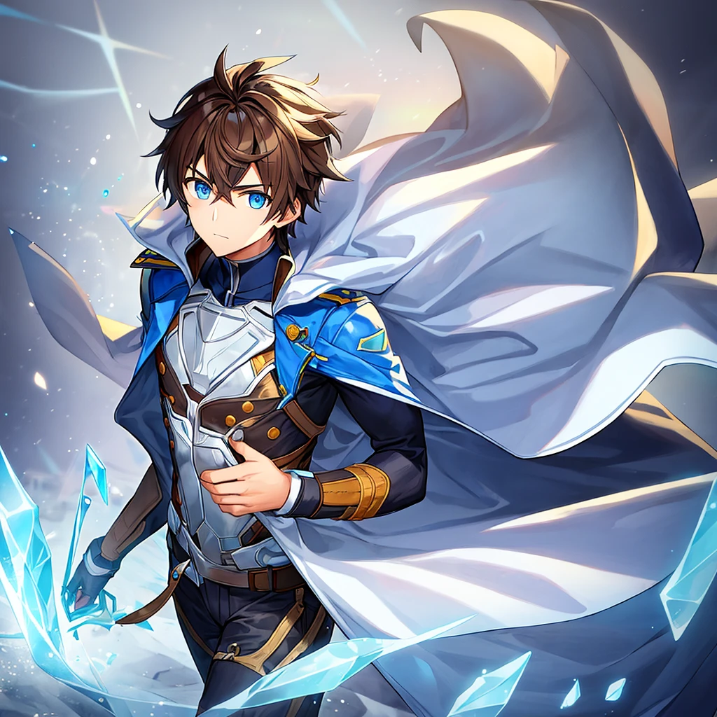 A boy with an ice suit and brown hair and a blue ribbon on his chest