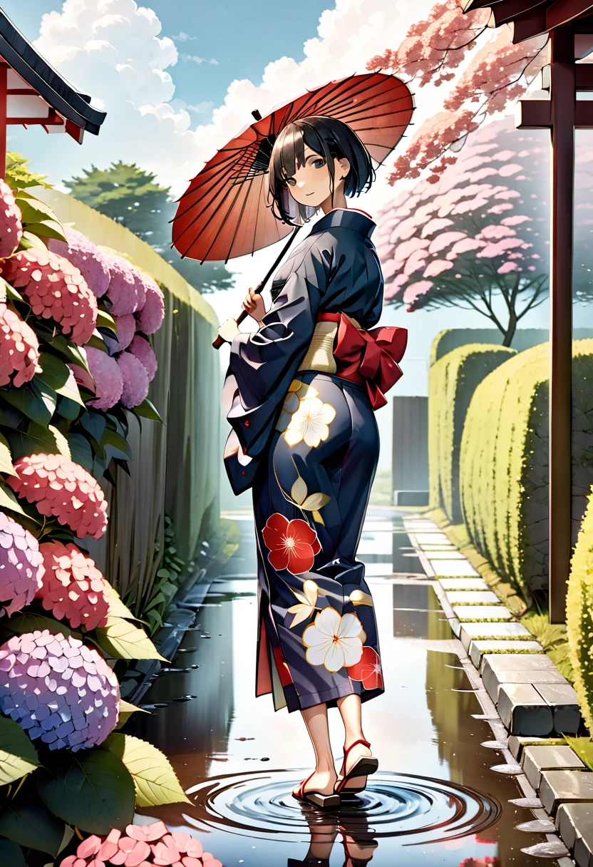 (One japanese woman:1.5), (Adult japanese women:1.5), (slender body:1.3), Black Hair, Black eye, Super short hair, Wearing a floral pattern japanese yukata, The hem of the yukata is slightly above the ankle, Holding a Japanese umbrella, wearing red japanese sandals, Backshot, Look back at the camera, Hydrangea below half of the foreground, Sky after rain, Puddle on the ground
