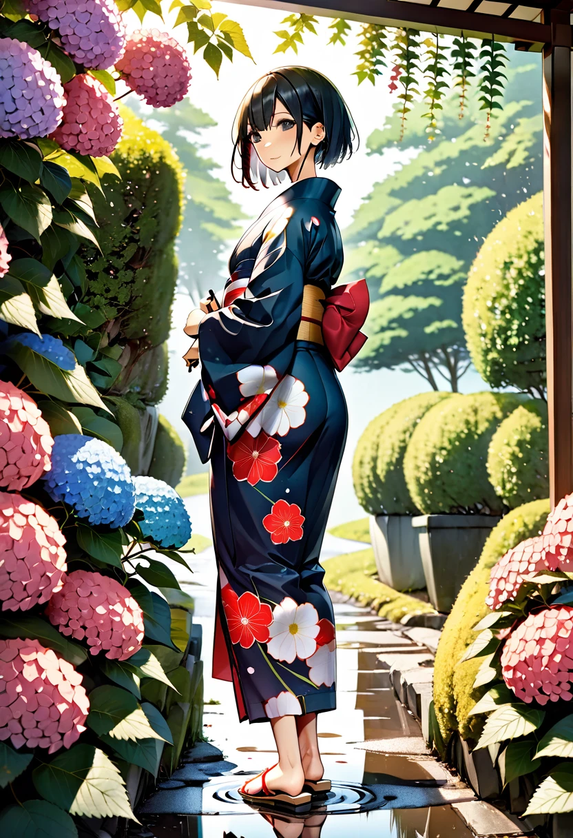 (One japanese woman:1.5), (Adult japanese women:1.5), (slender body:1.3), Black Hair, Black eye, Super short hair, Wearing a floral pattern japanese yukata, The hem of the yukata is slightly above the ankle, Holding a Japanese umbrella, wearing red japanese sandals, Backshot, Look back at the camera, Hydrangea below half of the foreground, Sky after rain, Puddle on the ground