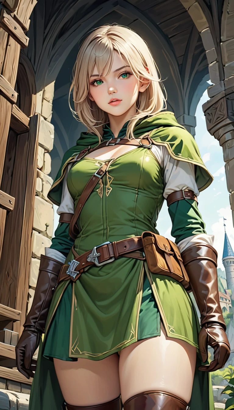 (Female ranger), beatiful girl, thin girl, thin waist, small breast, slender legs, gap between thighs, leather armor, leather gloves, green hood, short dress, (green dress), (no Panties), cowboy shot ,medieval fantasy, D&D, RPG, best quality, masterpiece, ultra-realistic, 8k, nsfw,