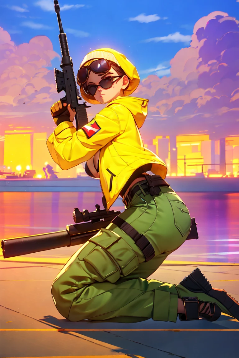 arafed woman in yellow jacket and sunglasses kneeling on a dock with a gun, with rifle, holding rifle, badass pose, with pistol, bikini + tattered military gear, shooting pose, bella poarch, military girl, holding a rifle, soldier girl, anna nikonova aka newmilky, mechanized soldier girl, ready for combat, shot from the side