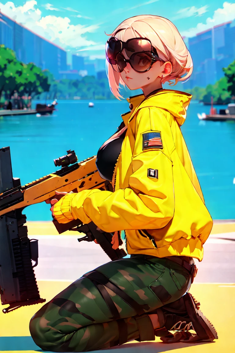 arafed woman in yellow jacket and sunglasses kneeling on a dock with a gun, with rifle, holding rifle, badass pose, with pistol, bikini + tattered military gear, shooting pose, bella poarch, military girl, holding a rifle, soldier girl, anna nikonova aka newmilky, mechanized soldier girl, ready for combat, shot from the side