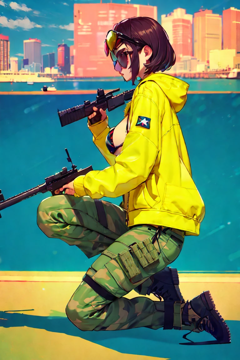 arafed woman in yellow jacket and sunglasses kneeling on a dock with a gun, with rifle, holding rifle, badass pose, with pistol, bikini + tattered military gear, shooting pose, bella poarch, military girl, holding a rifle, soldier girl, anna nikonova aka newmilky, mechanized soldier girl, ready for combat, shot from the side