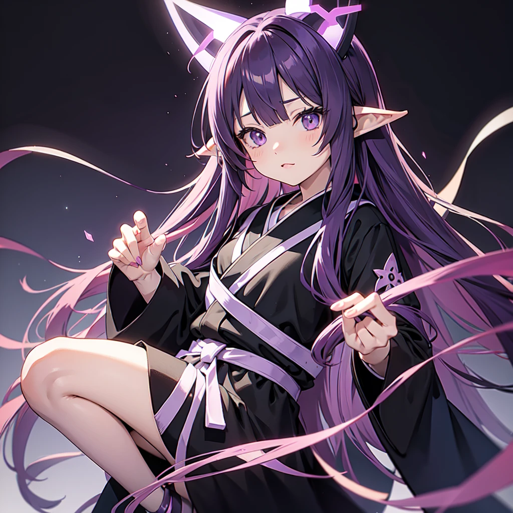 Anime girl with long purple hair and black robe. Pointy ears. Cute as in manga. Headphones.