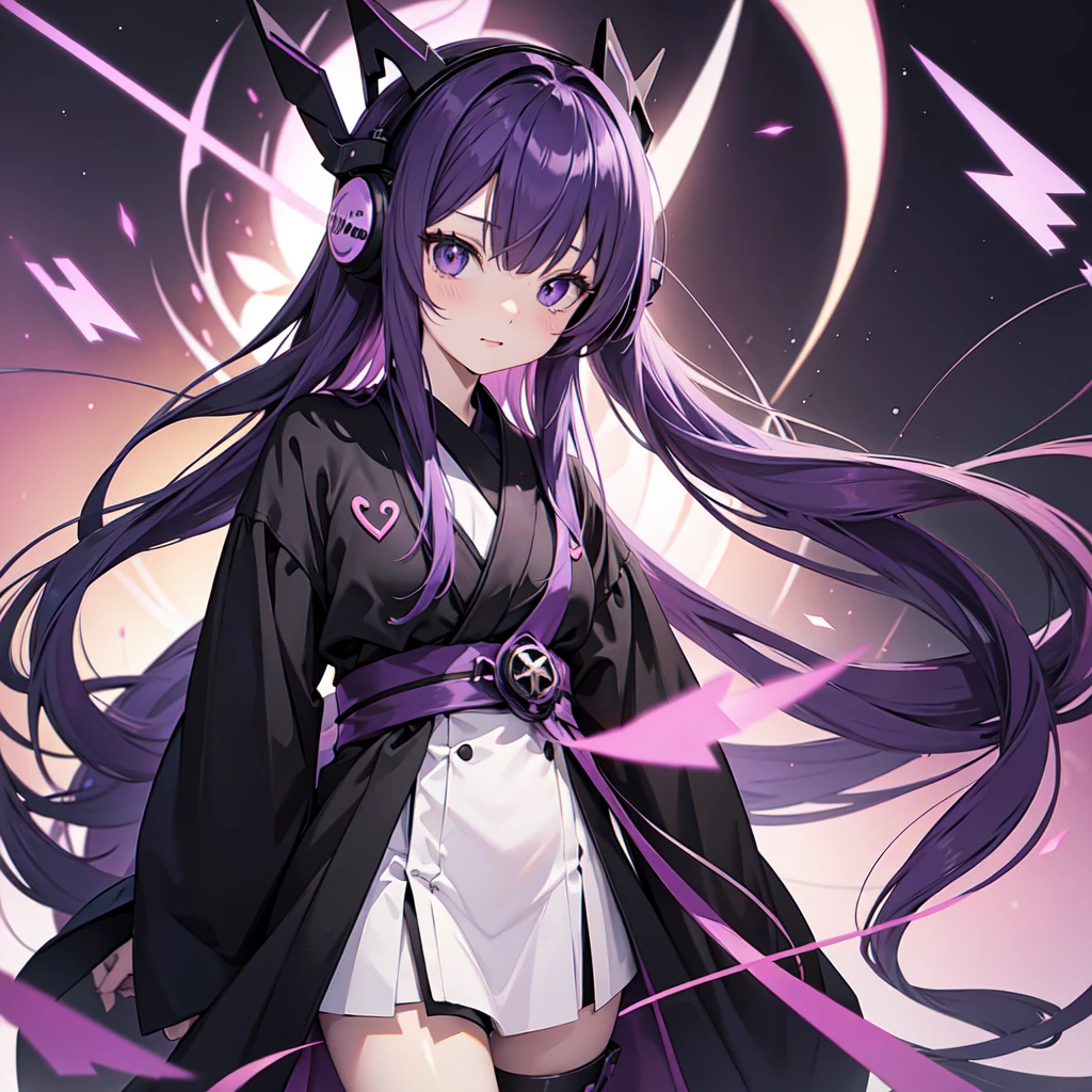 Anime girl with long purple hair and black robe. Pointy ears. Cute as in manga. Headphones.