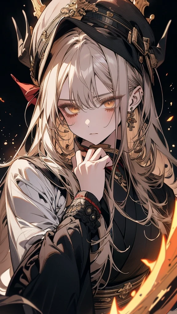 (Top resolution、Distinct_image)top-quality、A girl 、masterpiece、highly detailed, half body, Semi-realistic、yellow eyes 、18year old, silver hair,young 、Exquisite facial features、Facial features ,variation potrait, long hairstyles, age, cool , cold sharp eyes, An expression of despair., lifeless eyes, blood on face, , {Very detailed 8k CG unit wallpaper}, Handsome, solo, female, , loyalty ,Japanese kimono, detailed eyes, beautiful eyes, gorgeous body , have dragon horns