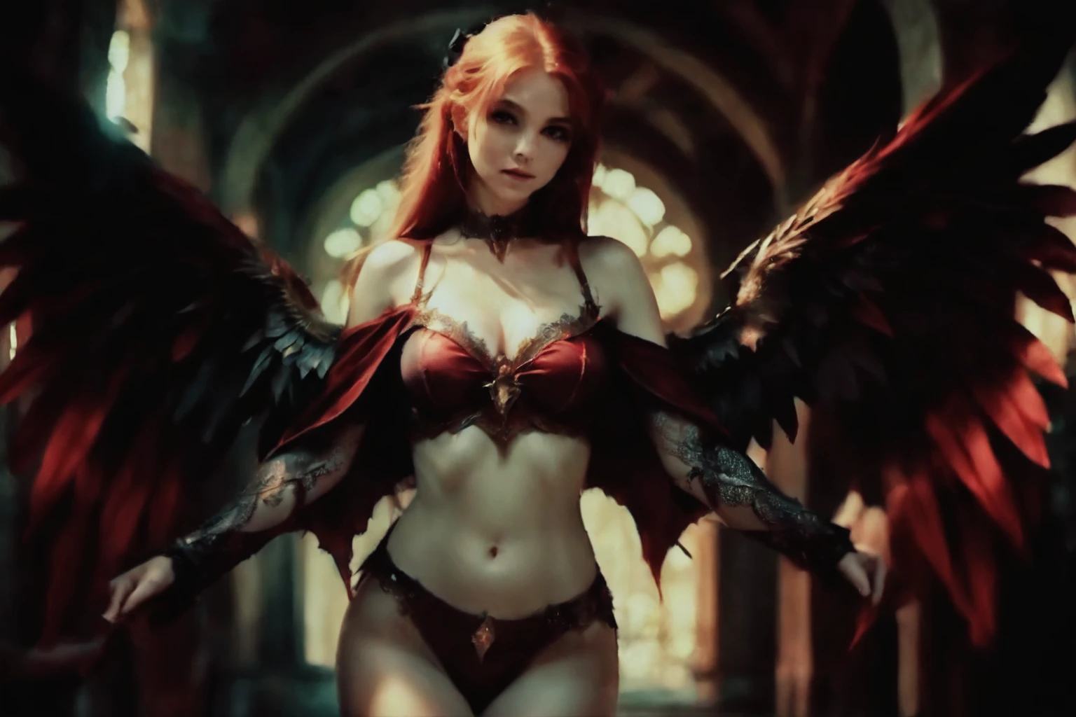 arafed woman with red hair and wings in a dark room, beautiful succubus, succubus | medieval, raven winged female vampire, succubus, diablo 4 lilith, succubus in tight short dress, gothic fantasy, villainess has black angel wings, lilith, beautiful elegant demon queen, cinematic goddess body shot, epic fantasy, ultra-high resolution, 4k, UHD, (masterpiece:1.2), awardwinning