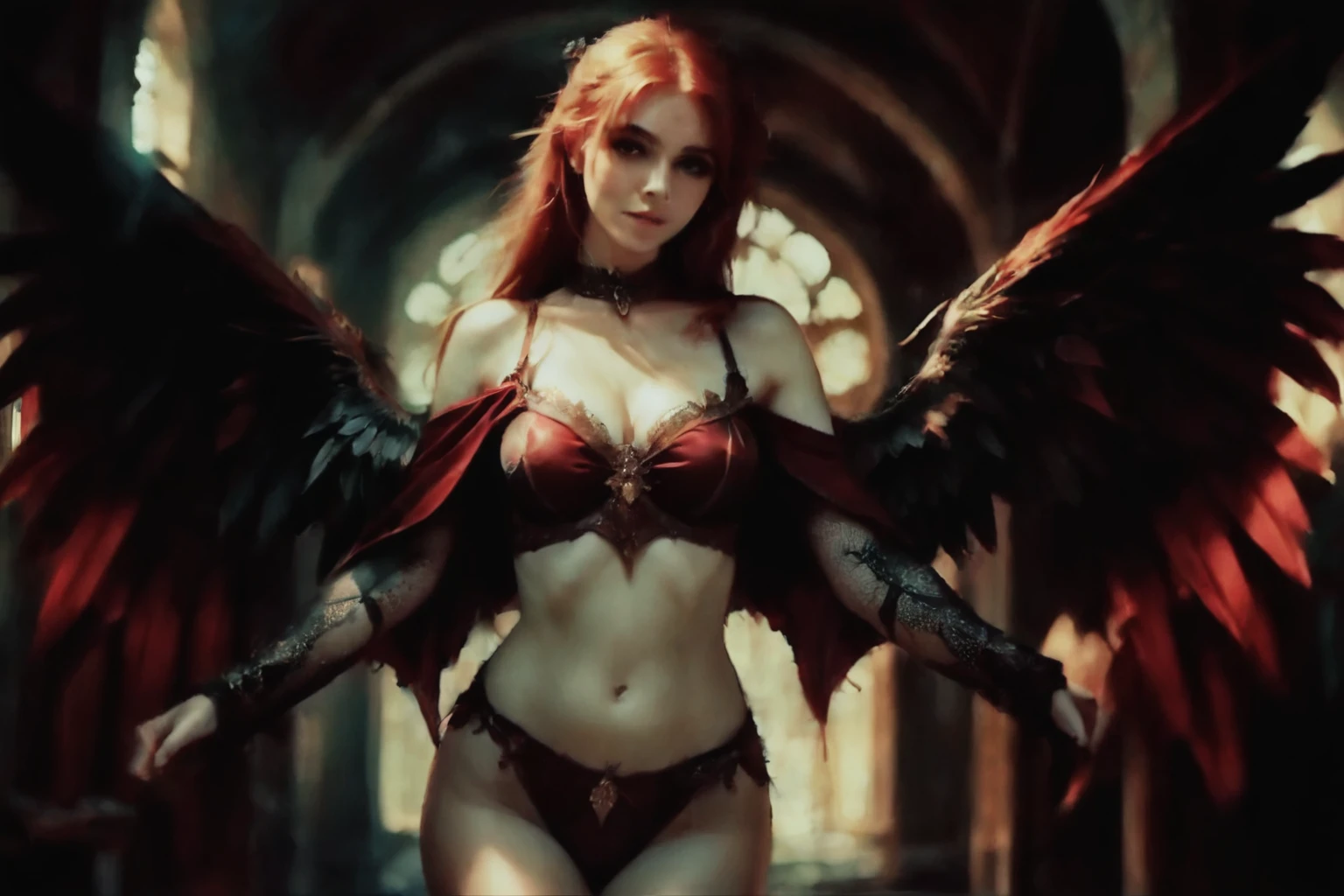 arafed woman with red hair and wings in a dark room, beautiful succubus, succubus | medieval, raven winged female vampire, succubus, diablo 4 lilith, succubus in tight short dress, gothic fantasy, villainess has black angel wings, lilith, beautiful elegant demon queen, cinematic goddess body shot, epic fantasy, ultra-high resolution, 4k, UHD, (masterpiece:1.2), awardwinning