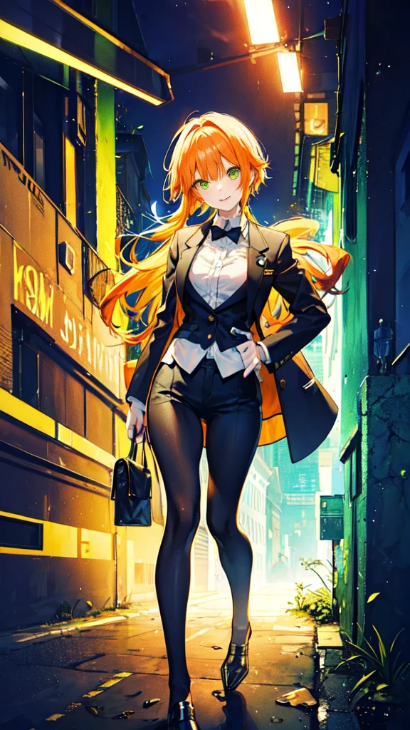 sexy, white skin, anime woman, happy, glowing green eyes, extremely short glowing orange hair, wearing a suit, full body