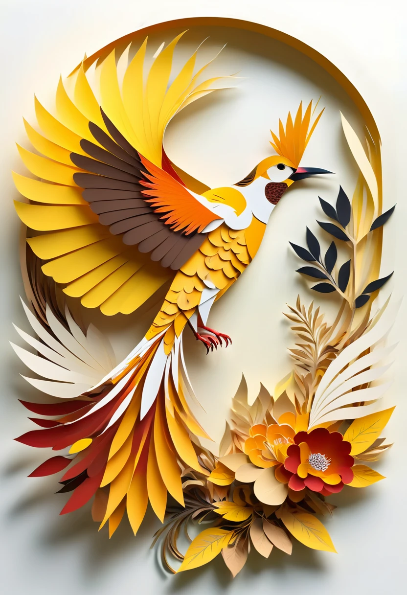 paper cuttings art, cendrawasih bird, goldy colors, yellow chest, brown to orange wings colors, west papua native bird, single bird, long furry tail, white background, (Flat paper cutout,paper art,layered paper artpaper, digital art), pure white background, vector illustration, papercut style, high quality image