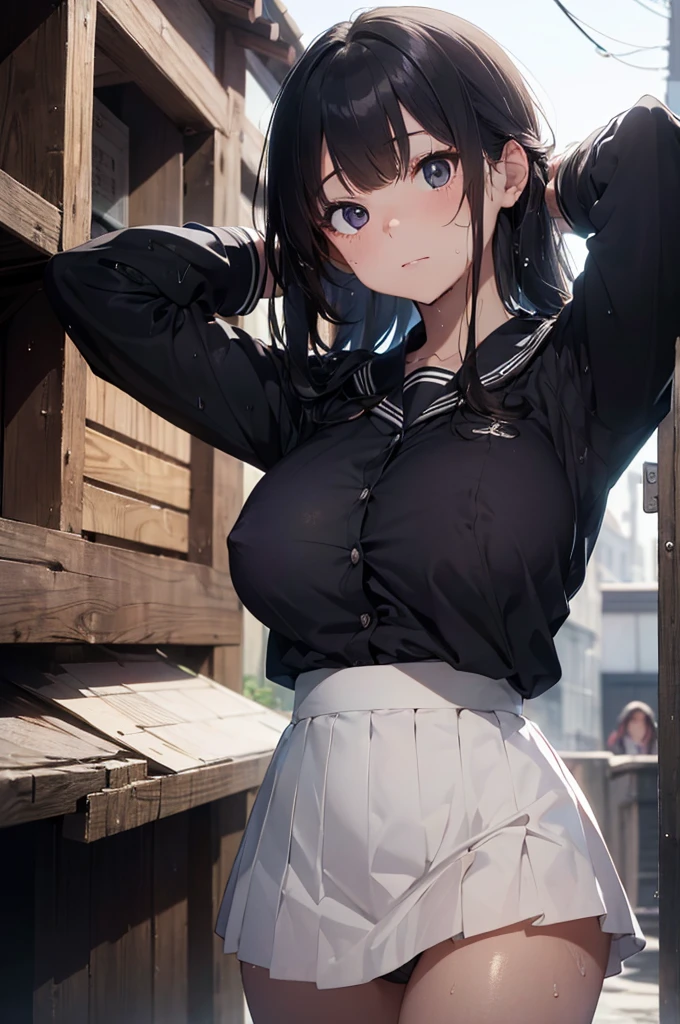 (in 8K), ((ultra-quality)), (looking up), (upward glance), (Bukkake:1.5), (front view), (in 8K), (arms behind head:1.5), ultla highres, Hyper Detailed, High contrast, Ultrafine Strike, creative refinement, absurdres, Realistic, extremely detailed CG unified 8k wallpaper, Highly detailed, High-definition raw color photos, professional photograpy, Realistic portrait, Cinematic Light, Beautiful detailed, 28 years old woman, (realistic skin:1.3), (shiny skin), (Best Quality:1.4), Super Detail, High quality, master piece, lifelike, (After SEX), Bukkake, Perfect face, (Sharp Focus), (Cowboy shot), (close up), Delicate Beautiful Hair and Eyes and Face, Delicate eyes, radiant eyes, Lifelike, Hyper-detailing, (Wearing a black sailor uniform with black shirt:1.3), (school costume), (black sailor collar), (black japanese school shirt), (mini pleated skirt), (panties), (sheer pussy), (no tie), (no bra), (Sheer areola), (Sheer erected nipples), (black pleated shirt), (colossal breasts:1.5), (large breasts:1.6), (Beautiful breasts:1.5), (covered breasts:1.5), (wet), (arms behind head), Beautiful cute woman, camel-toe details, (SFW), wet clothes, pale black eyes, (dark hair), (asymmetrical bangs),