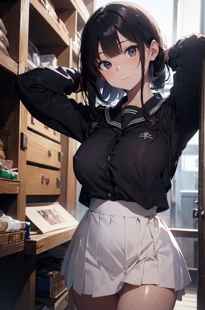 (in 8K), ((ultra-quality)), (looking up), (upward glance), (Bukkake:1.5), (front view), (in 8K), (arms behind head:1.5), ultla highres, Hyper Detailed, High contrast, Ultrafine Strike, creative refinement, absurdres, Realistic, extremely detailed CG unified 8k wallpaper, Highly detailed, High-definition raw color photos, professional photograpy, Realistic portrait, Cinematic Light, Beautiful detailed, 28 years old woman, (realistic skin:1.3), (shiny skin), (Best Quality:1.4), Super Detail, High quality, master piece, lifelike, (After SEX), Bukkake, Perfect face, (Sharp Focus), (Cowboy shot), (close up), Delicate Beautiful Hair and Eyes and Face, Delicate eyes, radiant eyes, Lifelike, Hyper-detailing, (Wearing a black sailor uniform with black shirt:1.3), (school costume), (black sailor collar), (black japanese school shirt), (mini pleated skirt), (panties), (sheer pussy), (no tie), (no bra), (Sheer areola), (Sheer erected nipples), (black pleated shirt), (colossal breasts:1.5), (large breasts:1.6), (Beautiful breasts:1.5), (covered breasts:1.5), (wet), (arms behind head), Beautiful cute woman, camel-toe details, (SFW), wet clothes, pale black eyes, (dark hair), (asymmetrical bangs),