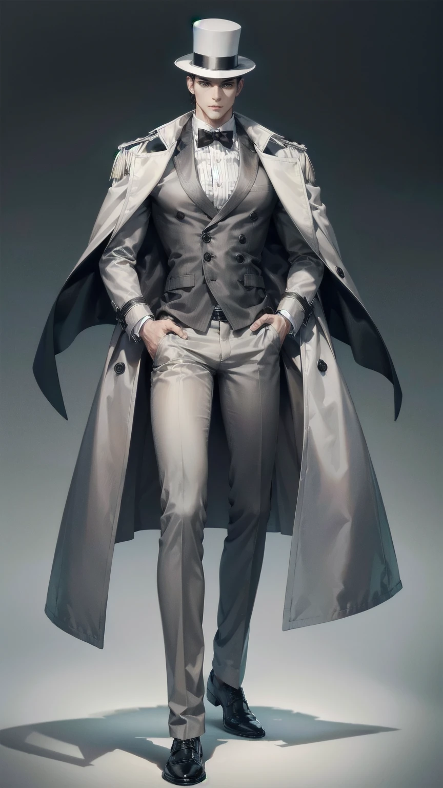 man ,short black hair ,White skin, tall height, muscled body, gray top hat, long gray trench coat, brown pants