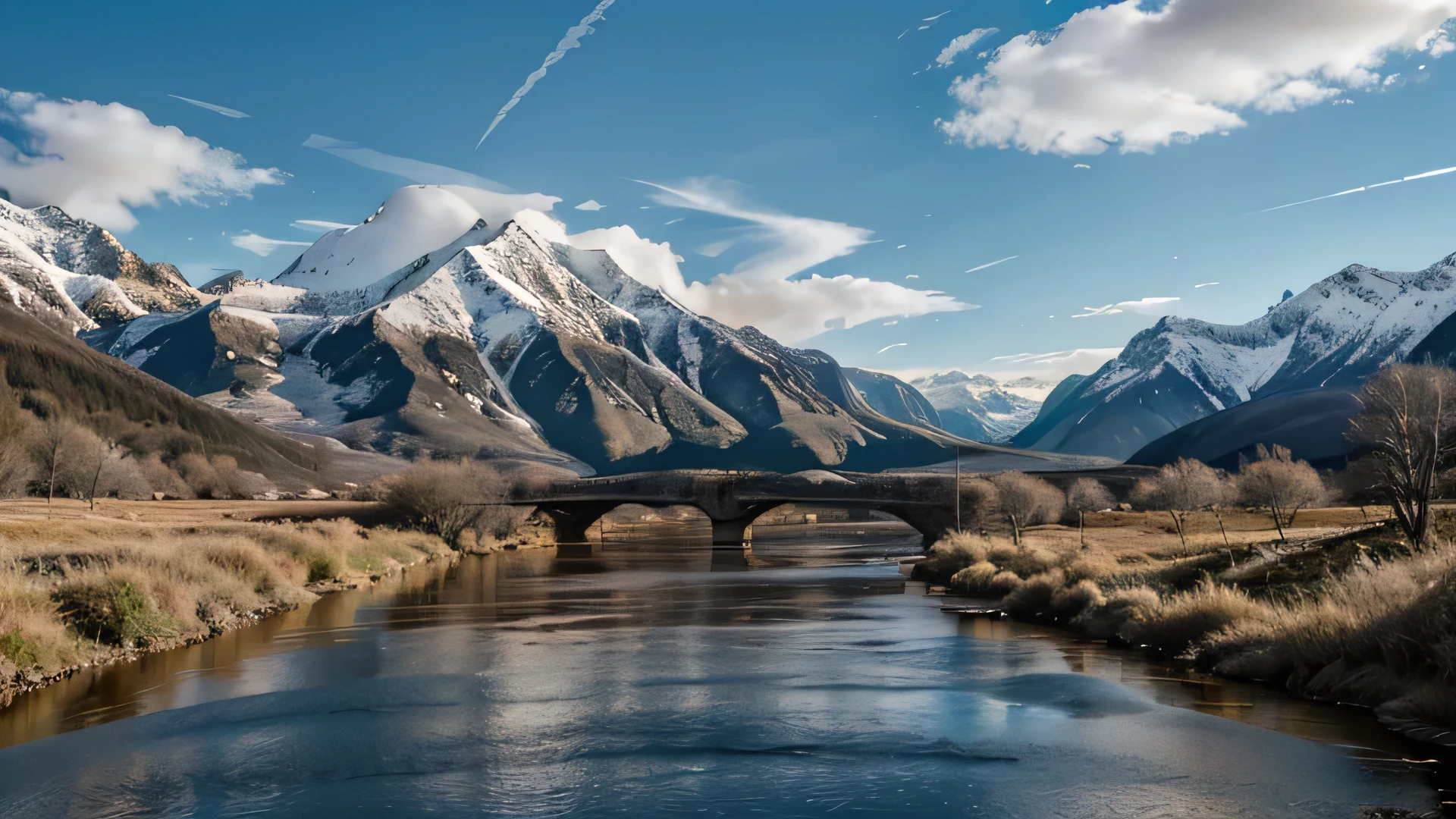 landscape，Dividend Sky，Mountains in the distance，There is a small river nearby，Quiet， Miyazaki style， HD 4K Wallpaper