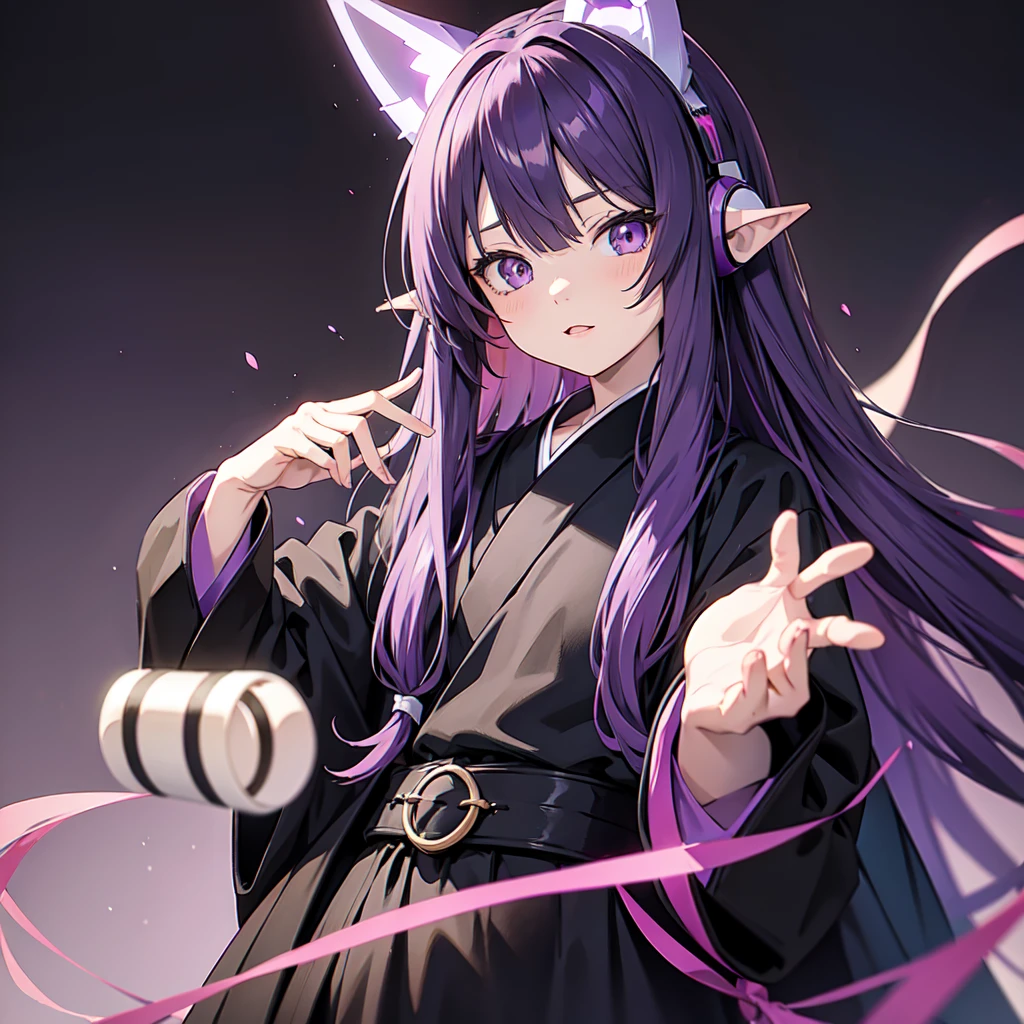 Anime girl with long purple hair and black robe. Pointy ears. Cute as in manga. Headphones. Front facing