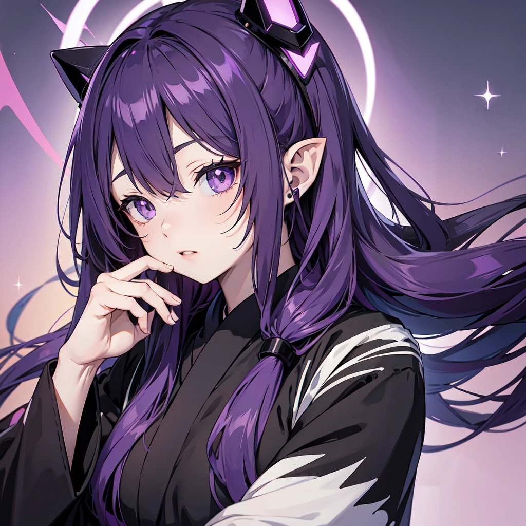 Anime girl with long purple hair and black robe. Pointy ears. Cute as in manga. Headphones. Front facing