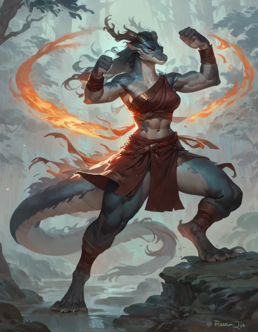 By Ruan Jia, by ross tran, female anthro eastern dragon, solo, monk, forest, proud expression, night, standing, midriff, muscular, detailed, newest, feet, battle pose, (2023:1), (best_quality:1), (high_quality:1), (absurd_res:1), (hi_res:1), (detailed:1), 