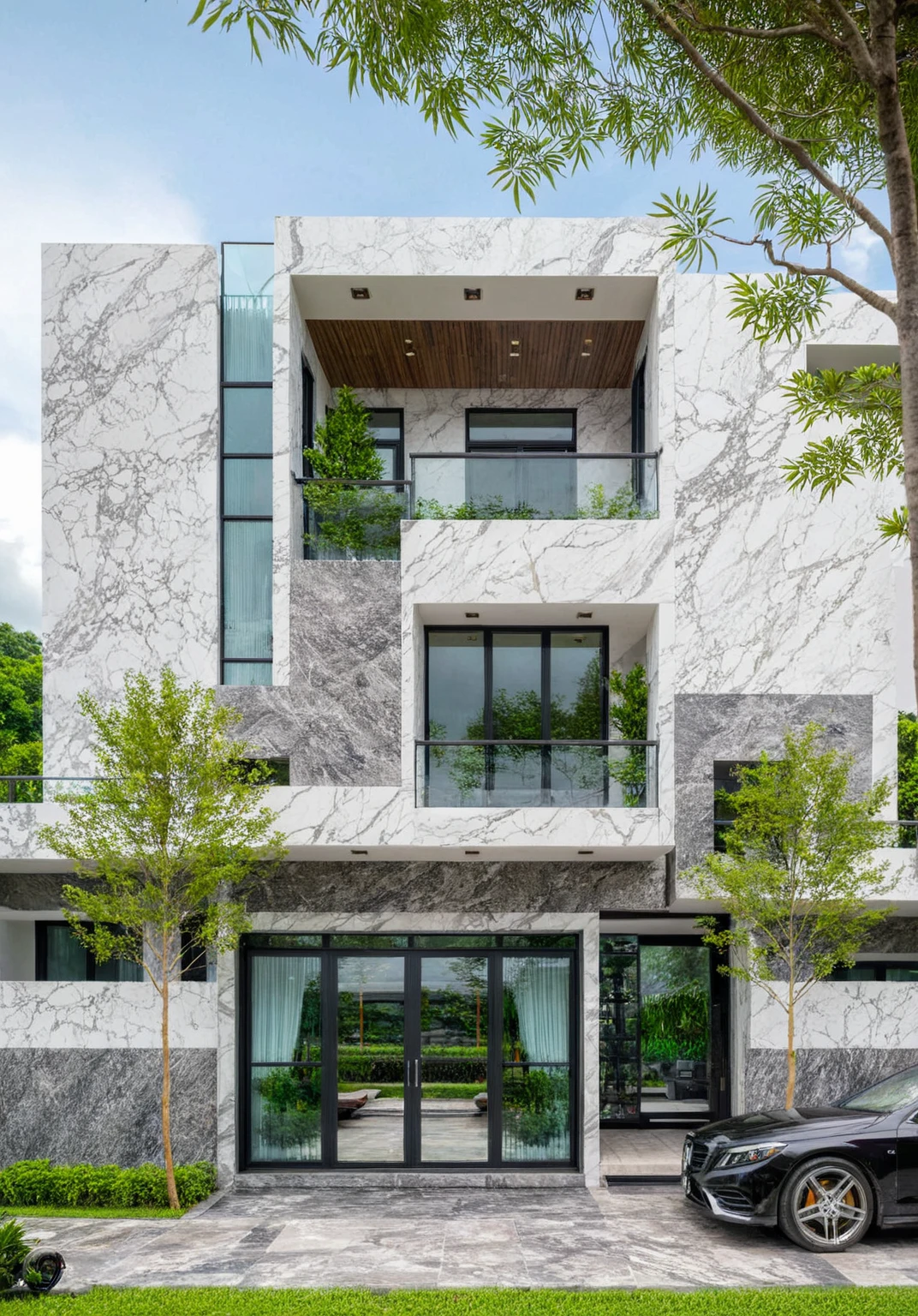 masterpiece, best quality, exterior design, (sunset), one-story modern house in Vietnamese village, marble, steel, modern light-colored granite facade and white walls, wooden ceiling , large glass, modern minimalist style, green shrubs and tropical plants background, large doors and windows.

