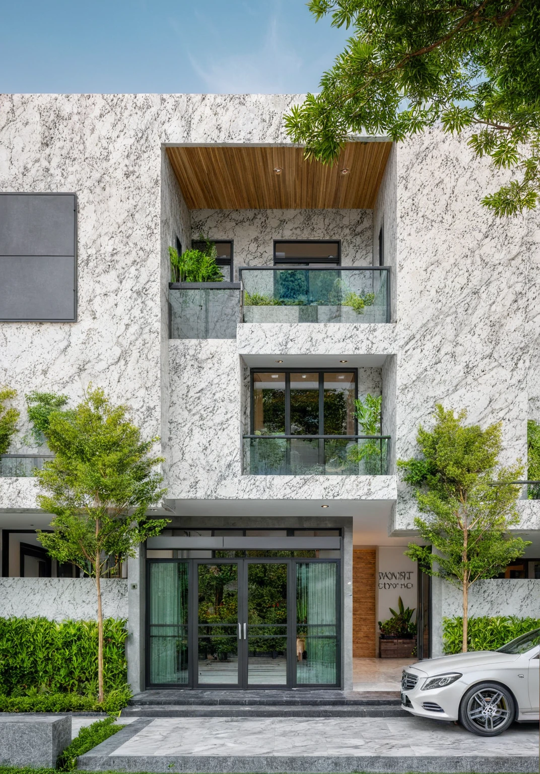 masterpiece, best quality, exterior design, (sunset), one-story modern house in Vietnamese village, marble, steel, modern light-colored granite facade and white walls, wooden ceiling , large glass, modern minimalist style, green shrubs and tropical plants background, large doors and windows.