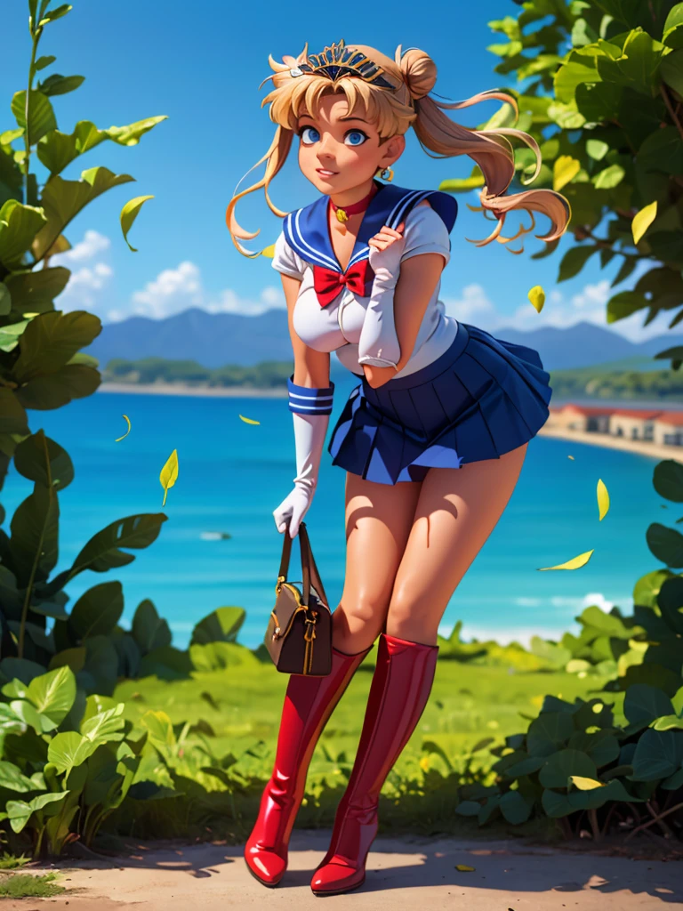 (8k, RAW photo, best quality, masterpiece:1.2), (ultra highres:1.0), detailed illustration, detailed, (realistic, photo-realistic:1.37), detailed beautiful skin, sailor moon, (1 girl: 1.2),(full body:1.2),(hand of Guido Daniele:1.2), slim body, cute, happy, long hair, long leg, cleavage,blue skirt,red bow,blue eyes,blond hair,twin tails,hair bun,hair ornament,blue sailor collar, red choker, red boots, high heels, sailor senshi uniform, white gloves,tiara,elbow gloves,pleated skirt,knee boots blue sky, beautiful sky, (scenery), lake, falling petals, falling leaves, cowboy shot, SAILOR MOON costume.