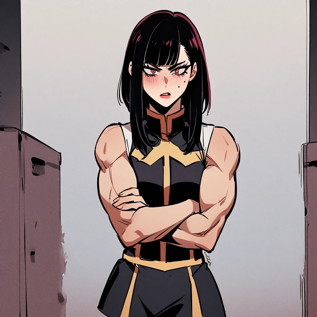 One girl, my hero academia uniform, siren eyes, dark red eye color, muscular arms, long jet black hair with bangs, arms crossed, lesbian, dominant, Mole Under Eye, Devil Pupils, Tsundere, faded scare over right eye, tall, nonchalant