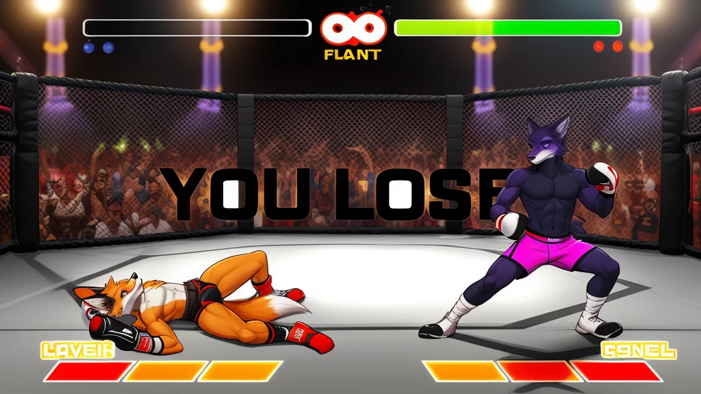 a detailed picture of a boxing match (male anthros, two boy), slim body, slim features, in a boxing ring, Ross Tran, ruan jia, trending on artstation, foxovh,User Interface of Fighting game, Crisis, assorted poses, assorted expression, full body, sound effects, motion blur, from side, ((fox, blue shorts, knocked out on the floor)), (((purple wolf, white shorts, boxing pose))) “VS”