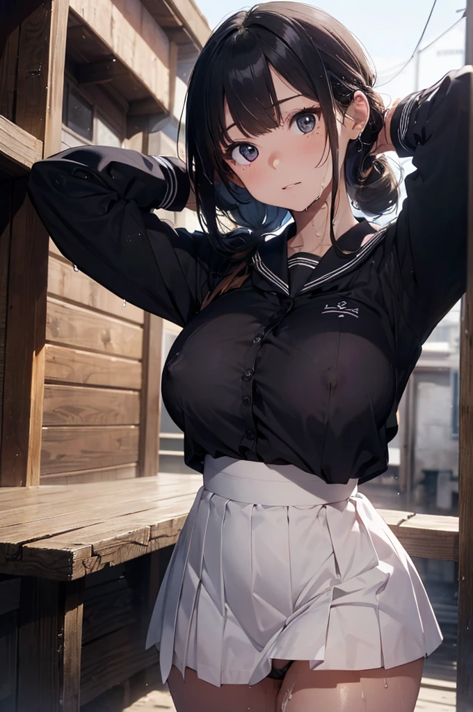 (in 8K), ((ultra-quality)), (looking up), (upward glance), (:1.5), (front view), (in 8K), (arms behind head:1.5), ultla highres, Hyper Detailed, High contrast, Ultrafine Strike, creative refinement, absurdres, Realistic, extremely detailed CG unified 8k wallpaper, Highly detailed, High-definition raw color photos, professional photograpy, Realistic portrait, Cinematic Light, Beautiful detailed, 28 years old woman, (realistic skin:1.3), (shiny skin), (Best Quality:1.4), Super Detail, High quality, ​master piece, lifelike, (After ), , Perfect face, (Sharp Focus), (Cowboy shot), (close up), Delicate Beautiful Hair and Eyes and Face, Delicate eyes, radiant eyes, Lifelike, Hyper-detailing, (Wearing a black sailor uniform with black shirt:1.3), (school costume), (black sailor collar), (black japanese school shirt), (mini pleated skirt), (panties), (sheer ), (no tie), (), (Sheer ), (Sheer erected ), (black pleated shirt), (colossal :1.5), (:1.6), (Beautiful :1.5), (covered :1.5), (wet), (arms behind head), Beautiful cute woman,  details, (SFW), wet clothes, pale black eyes, (dark hair), (asymmetrical bangs),