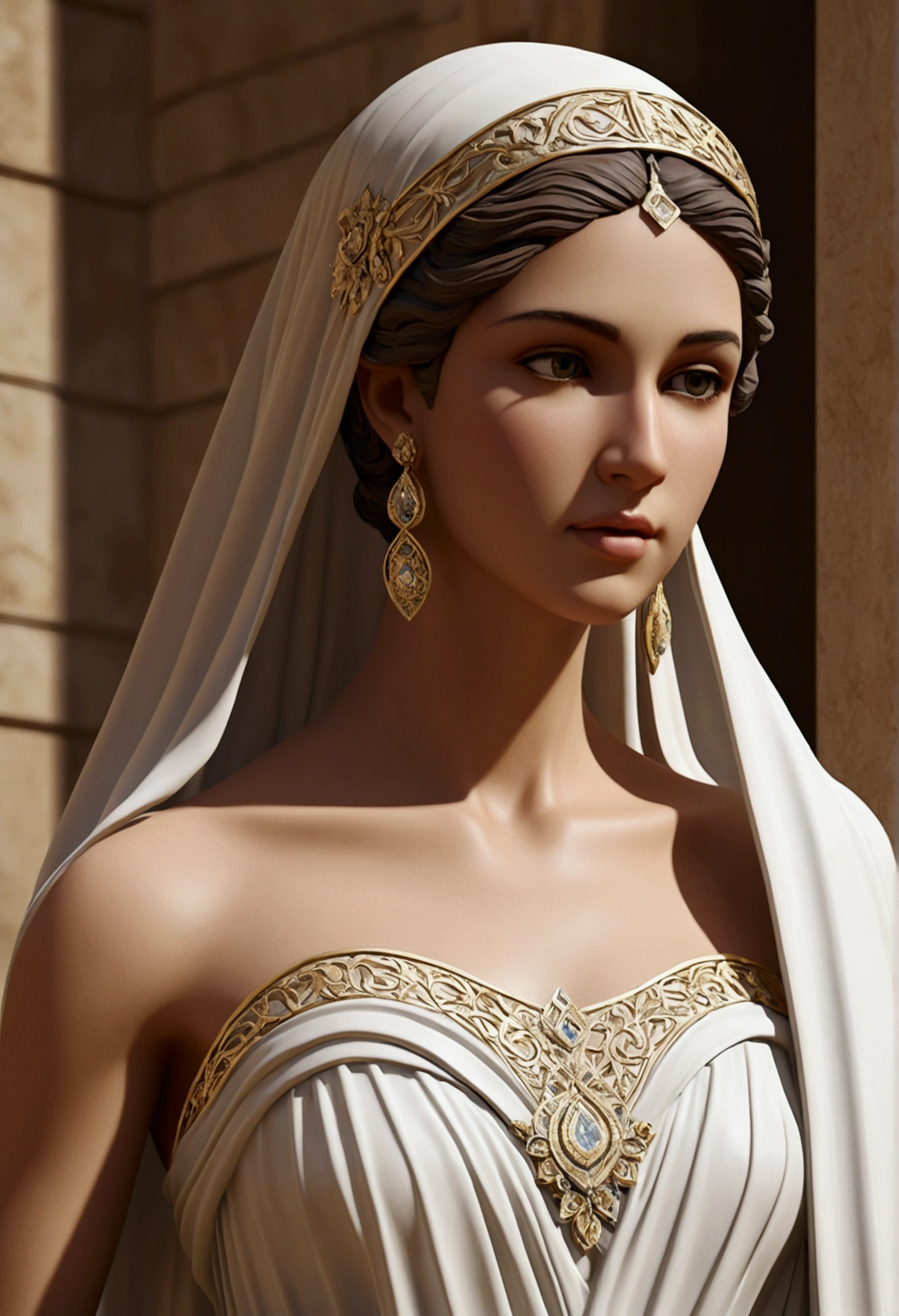 (best quality, 8k, obra-prima: 1.3), Deusas gregas loiras, Roupas gregas, middle ages, middlebreasts, quadris grandes, cintura estreita, Beautiful, Glamouroso, Wohlgeformt, Curvaceous, pernas longas, HIGH LEVEL OF DETAIL, alta nitidez, Fotos com profundidade, Rosto detalhado, Olhos detalhados, cabelos curtos, large office, sorriso encantador, no antigo Coliseu Romano, epic, Mito, Drama, Colar Joias, Armbandschmuck, Blusa fechada, big background, city, large breasts