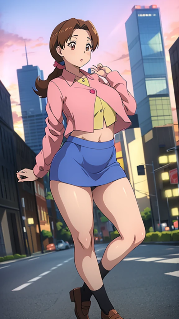 In anime, a girl with light skin, sexy, cute, leaders, long brown hair, her brown eye, wears a pink button-down blouse, shows her navel, and a short blue skirt, black shoe, she travels, flying, sky background, city.