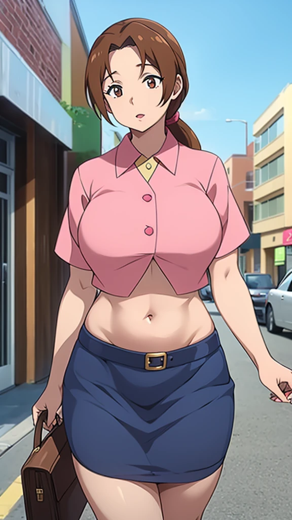 In anime, a girl with light skin, sexy, cute, leaders, long brown hair, her brown eye, wears a pink button-down blouse, shows her navel, and a short blue skirt, black shoe, she travels, flying, sky background, city.