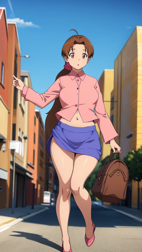 In anime, a girl with light skin, sexy, cute, leaders, long brown hair, her brown eye, wears a pink button-down blouse, shows her navel, and a short blue skirt, black shoe, she travels, flying, sky background, city.