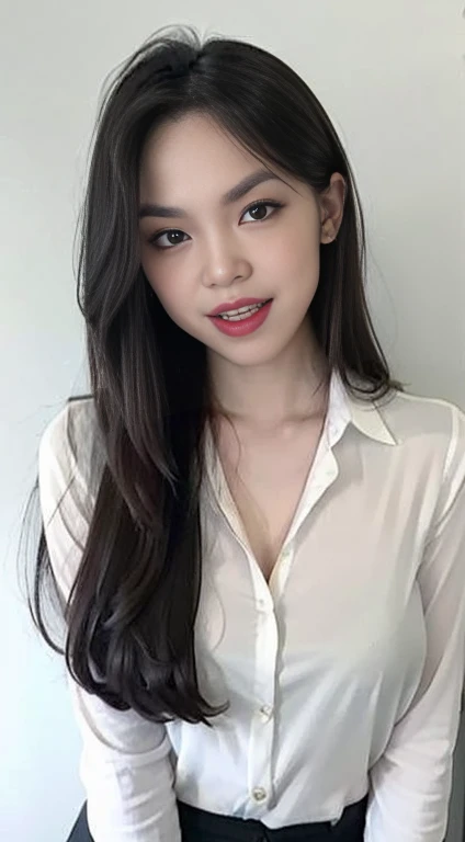 (best quality, masterpiece:1.2), white background, realistic, crew neck, closed-neckline, pants, (business jacket:1.2), (brown hair:1.2), big eyes, beautiful woman, smile, eyelashes, highly detailed face, fierce look, angry look, (long sleeved shirt: 1.2), looks like a naughty celebrity but is a good girl, virgin girl, inexperienced virgin girl, full body, (slanted angry eyebrows: 1.4), (discrete sex appeal: 1.0), (big kind smile: 1.2), (open mouth smile: 1.2)