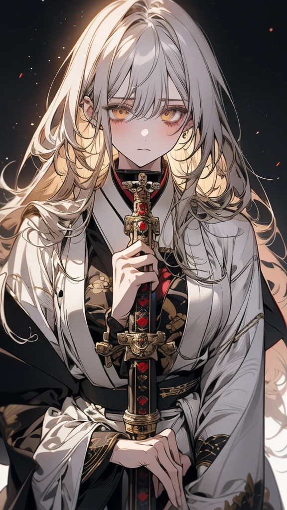 (Top resolution、Distinct_image)top-quality、A girl 、masterpiece、highly detailed, half body, Semi-realistic、yellow eyes 、18year old, silver hair,young 、Exquisite facial features、Facial features ,variation potrait, long hairstyles, teenage, cool , cold sharp eyes, An expression of despair., lifeless eyes, blood on face, , {Very detailed 8k CG unit wallpaper}, Handsome, solo, female, , loyalty ,Japanese kimono, detailed eyes, beautiful eyes, gorgeous body , holding a sword , cool , warriors, guardians