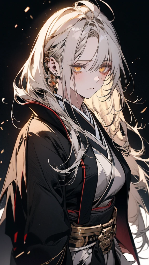(Top resolution、Distinct_image)top-quality、A girl 、​masterpiece、highly detailed, half body, Semi-realistic、yellow eyes 、18year old, silver hair,young 、Exquisite facial features、Facial features ,variation potrait, long  hairstyles, age, cool , cold sharp eyes, An expression of despair., lifeless eyes, blood on face, , {Very detailed 8k CG unit wallpaper}, Handsome, solo, female, , loyalty ,Japanese kimono, detailed eyes, beautiful eyes, gorgeous body , holding a sword , cool , warriors, guardians 