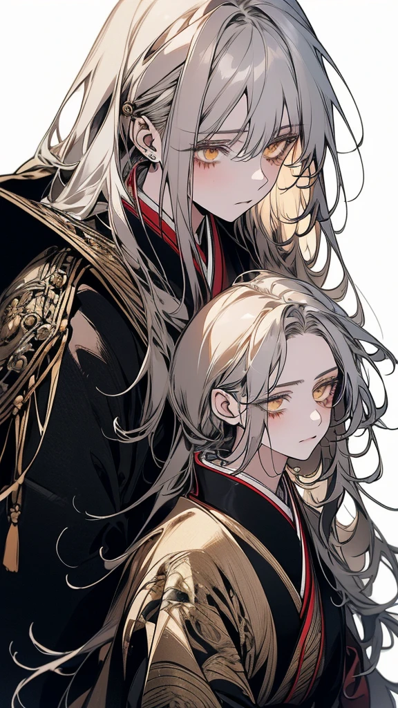 (Top resolution、Distinct_image)top-quality、A girl 、masterpiece、highly detailed, half body, Semi-realistic、yellow eyes 、18year old, silver hair,young 、Exquisite facial features、Facial features ,variation potrait, long hairstyles, age, cool , cold sharp eyes, An expression of despair., lifeless eyes, blood on face, , {Very detailed 8k CG unit wallpaper}, Handsome, solo, female, , loyalty ,Japanese kimono, detailed eyes, beautiful eyes, gorgeous body , holding a sword , cool , warriors, guardians